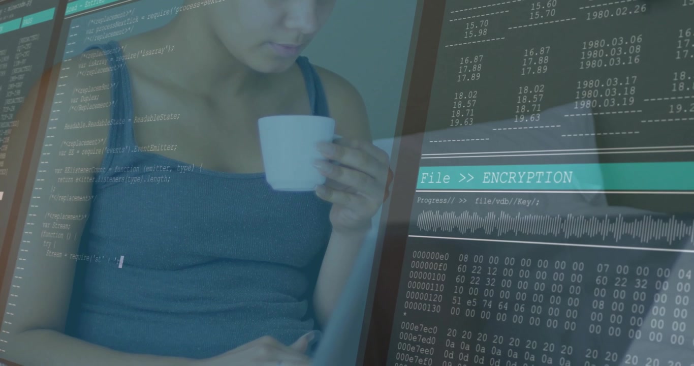Woman holding mug and typing on laptop while initiating data encryption with animated code overlay