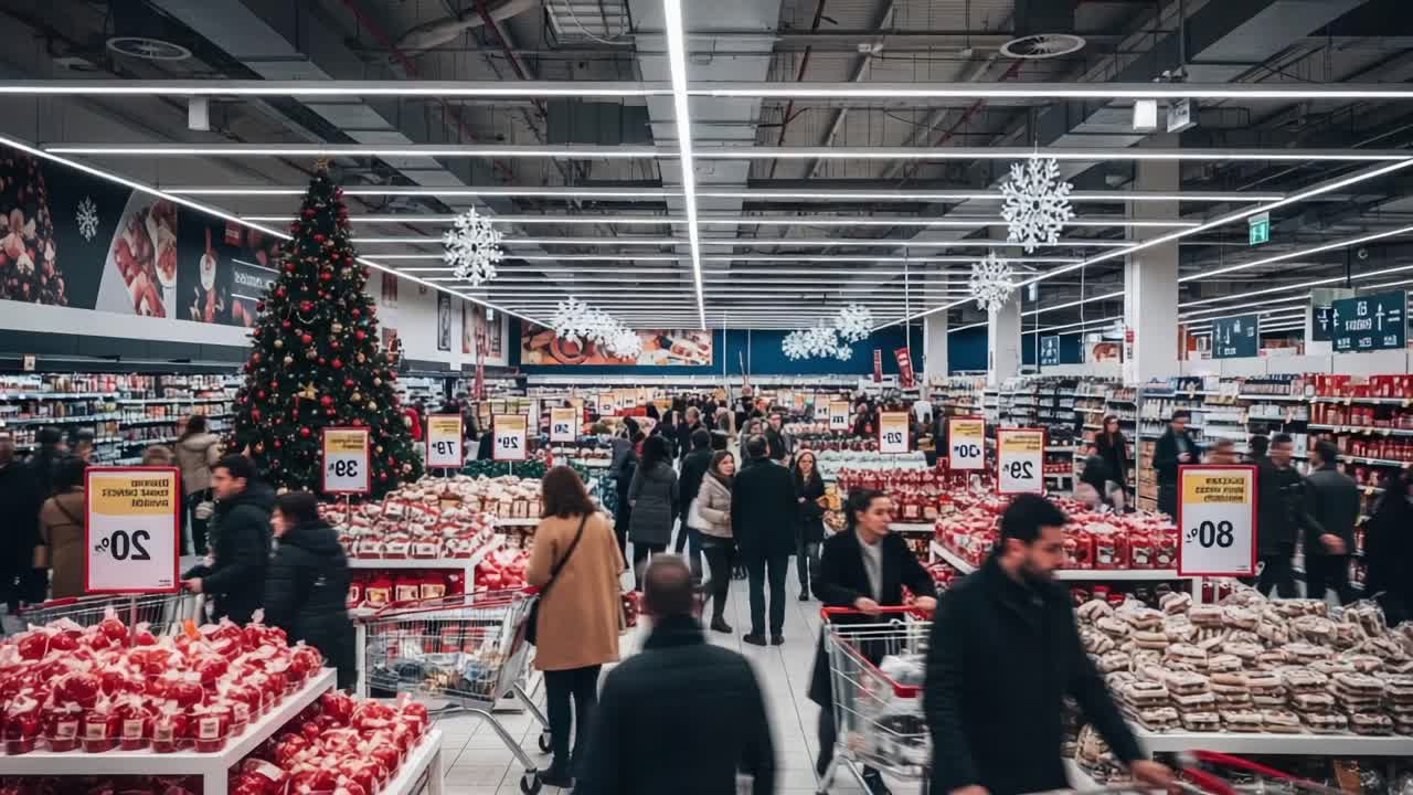 A Busy Holiday Shopping Aisle Filled with Seasonal Treats and Decorations, Showcasing Consumers Engaged in Festive Shopping Activities Under Festive Lighting