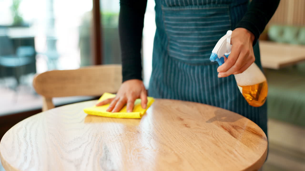 Waitress hands, spray and cleaning table