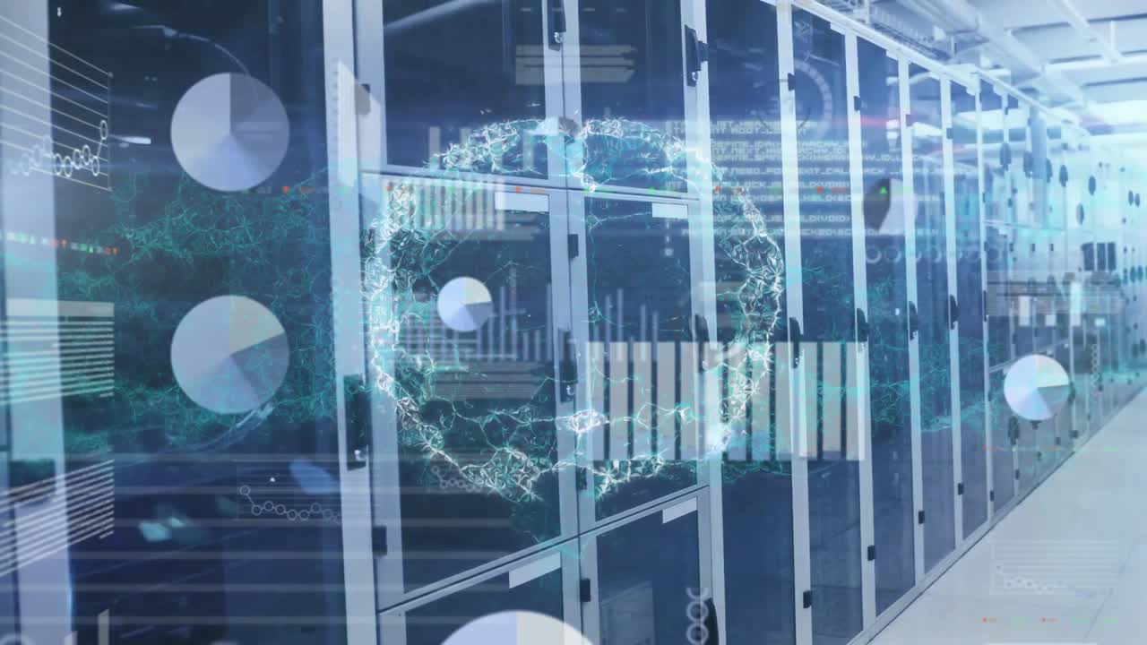Animation of brain, data processing over computer servers