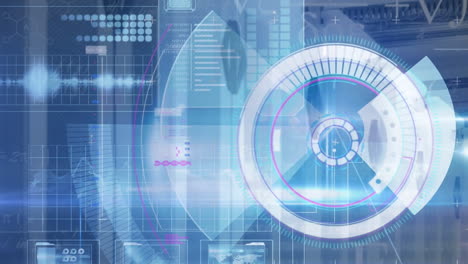 animation of round scanner, mathematical equations and blue light trails against server room