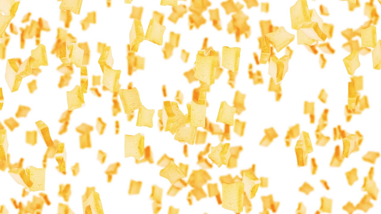 volare molte fette di pane semplice su sfondo bianco. alimenti, cibo e concetto di alimentazione. animazione 3d della fetta di pane di grano rotante. animazione a loop.