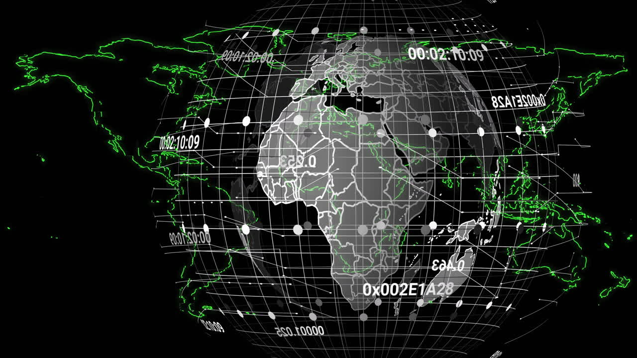 animación del procesamiento de datos y mapa del globo sobre el mundo