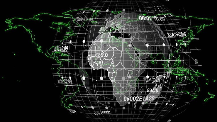 Animation of data processing and globe over world map