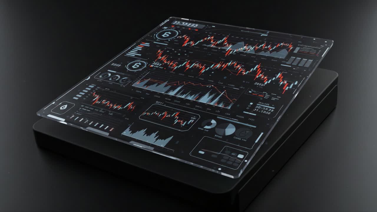 Dynamic Financial Dashboard Displaying Stock Data and Market Trends with Color-Coded Graphs and Statistical Indicators in a High-Tech Interface