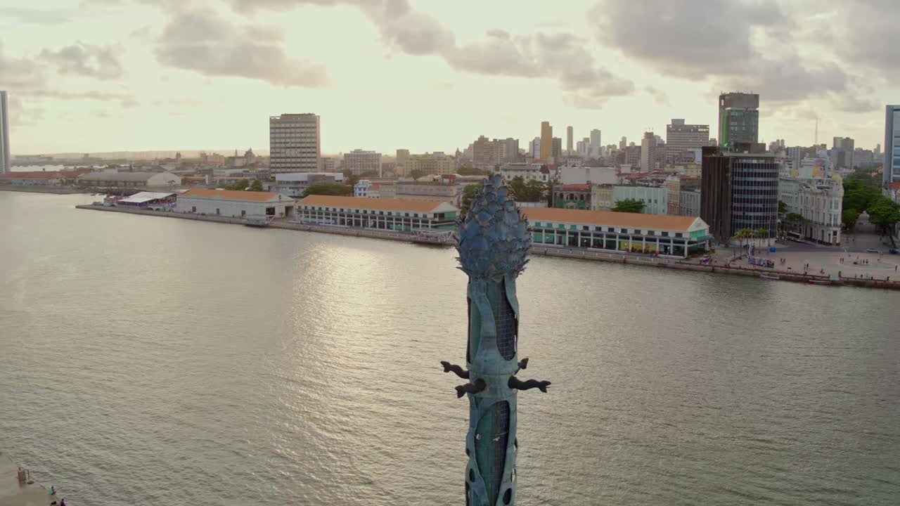 Drone footage showing the Parque das Esculturas and Francisco Brennands Crystal Tower located on the breakwater of the Capibaribe River in Recife Antigo Pernambuco Brazil.