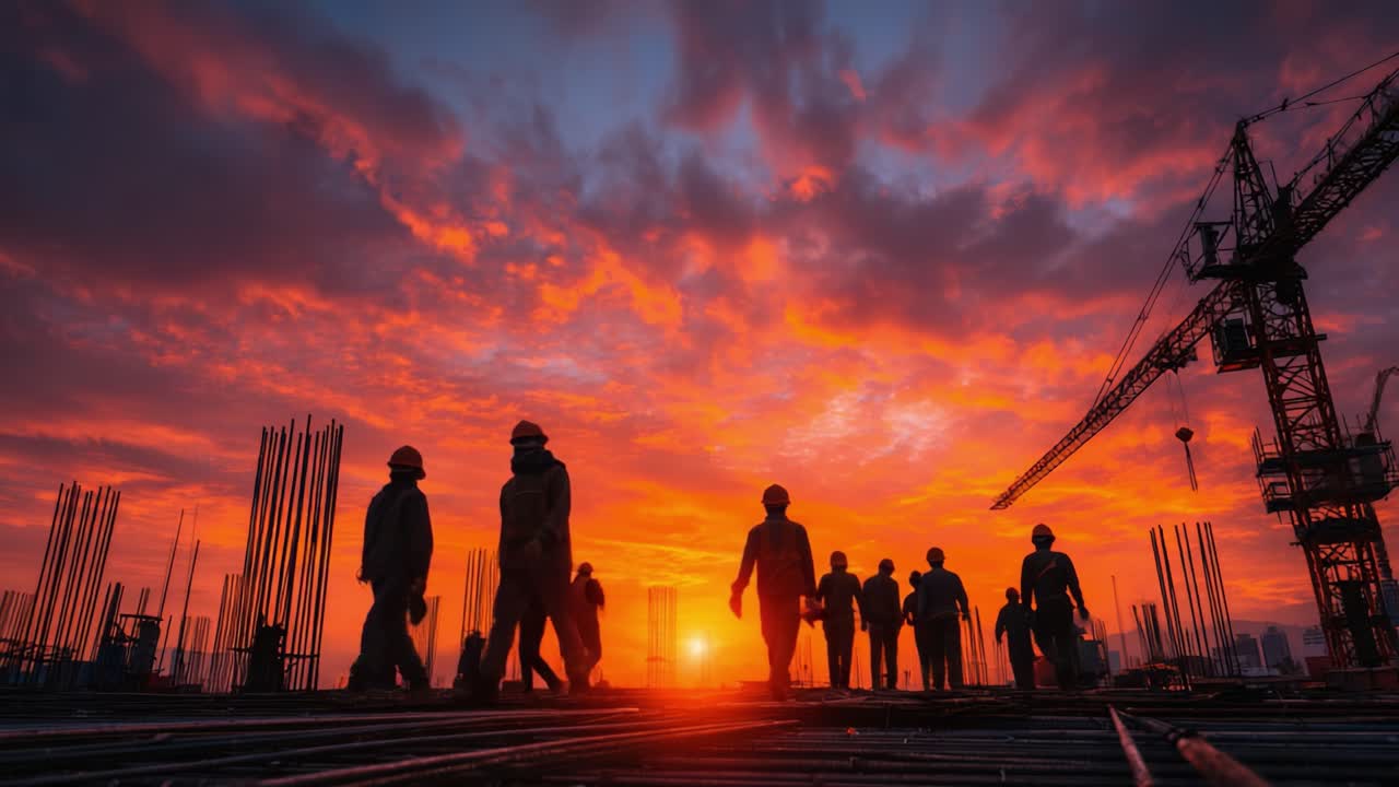 Silhouettes of Construction Workers Against a Vibrant Sunset Sky, Capturing the Essence of Hard Work and Determination in Urban Development Projects