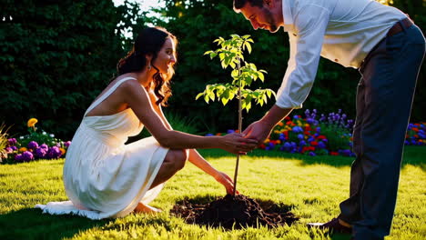 couple planting a tree in a garden