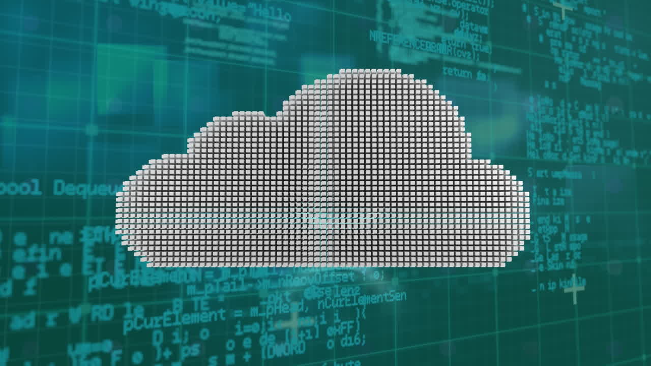 Cloud icon and data processing over grid network against blue background