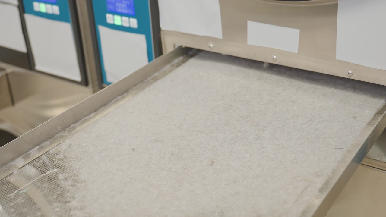 Close up of female worker hand pulling out drawer of industrial washing machine with key, opening compartment to take out inner filter as machine panel displays blue light and number label