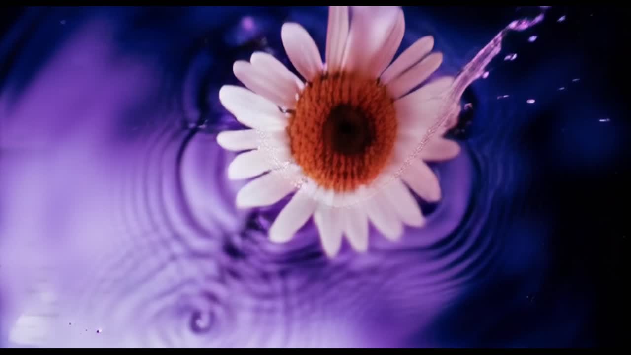Hvid margueritblomst plasker ned i lilla vand