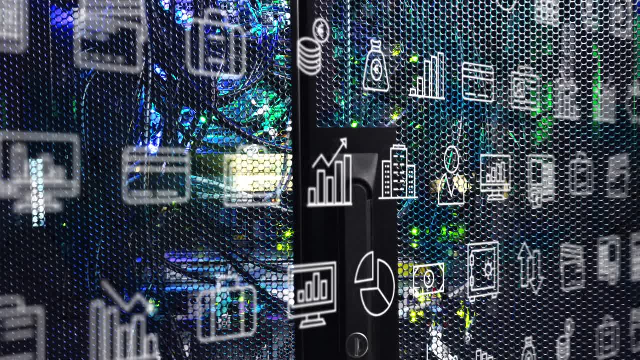 Animation of multiple digital icons against close up of a computer server