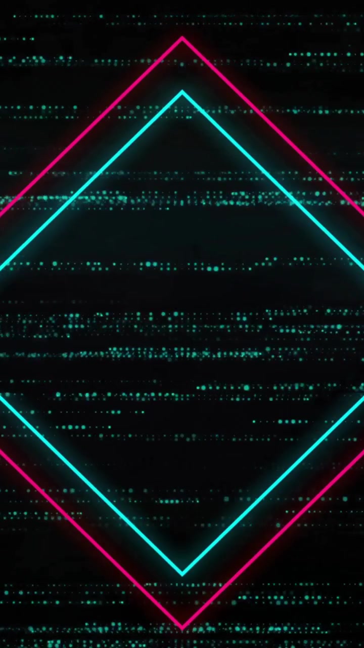 Glødende neon diamantform med animasjon over digital glitch-bakgrunn på skolen.
