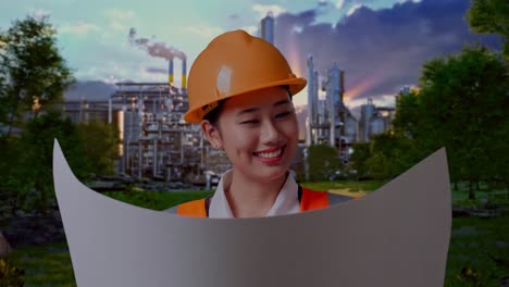 close up of asian female engineer with safety helmet looking at blueprint in her hands and looking around while standing in front of oil refinery