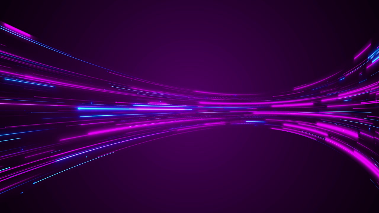 Purple neon speed lines background with magenta and cyan light trails curved motion path and dark