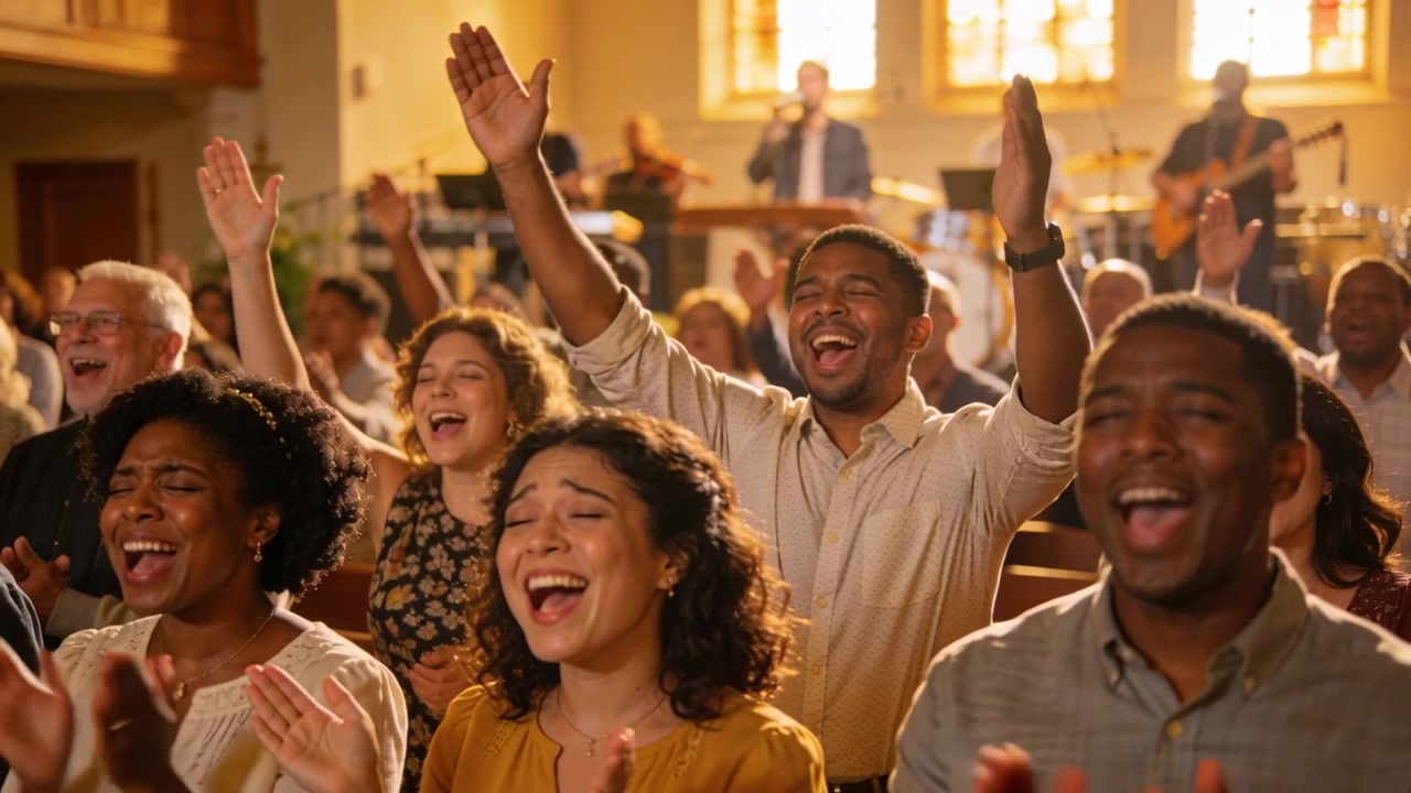 Music swelling, front worshippers raising hands and singing for worship at sanctuary, with band