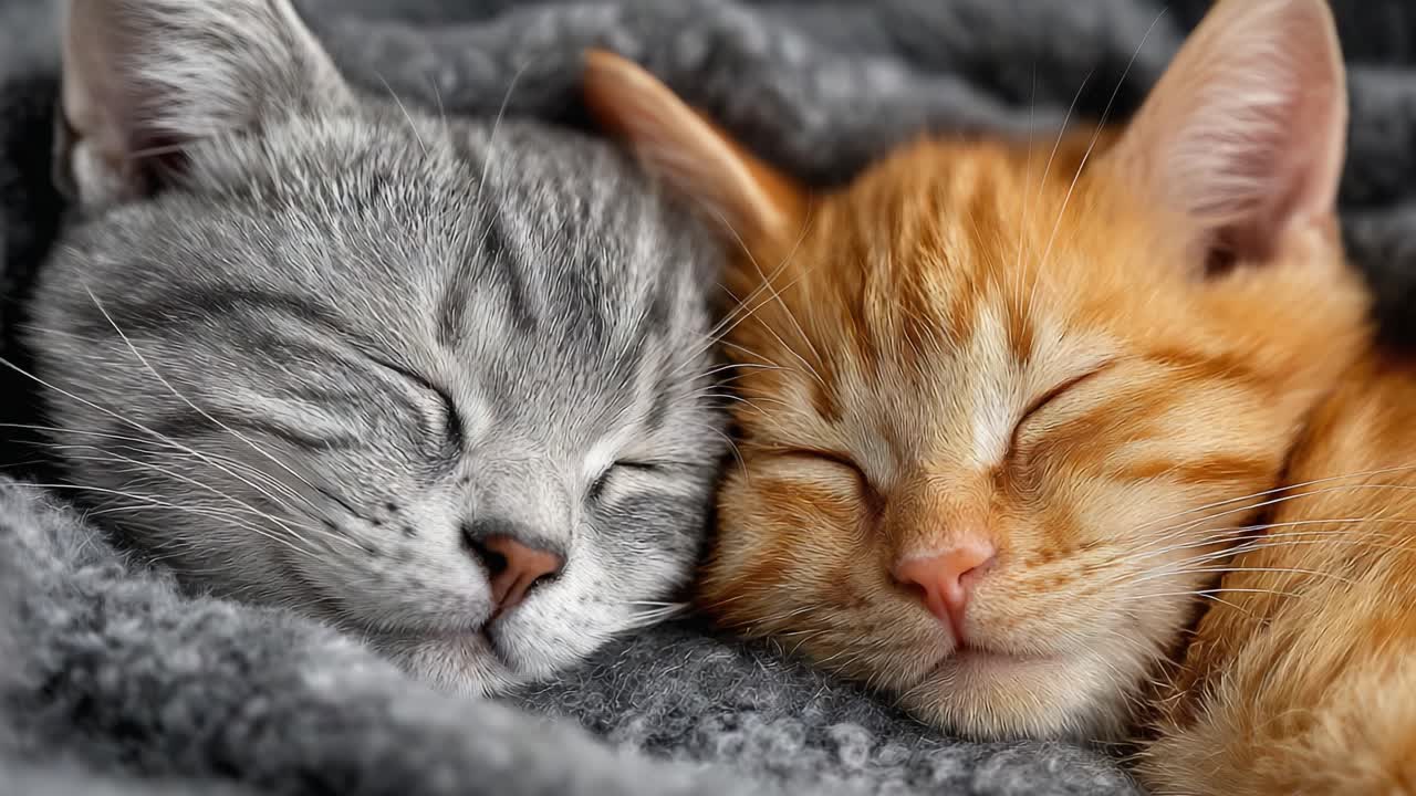 Un momento toccante tra due adorabili gattini che dormono beatamente insieme, che mostra il loro stretto legame e la loro natura coccolosa all'interno di una coperta accogliente