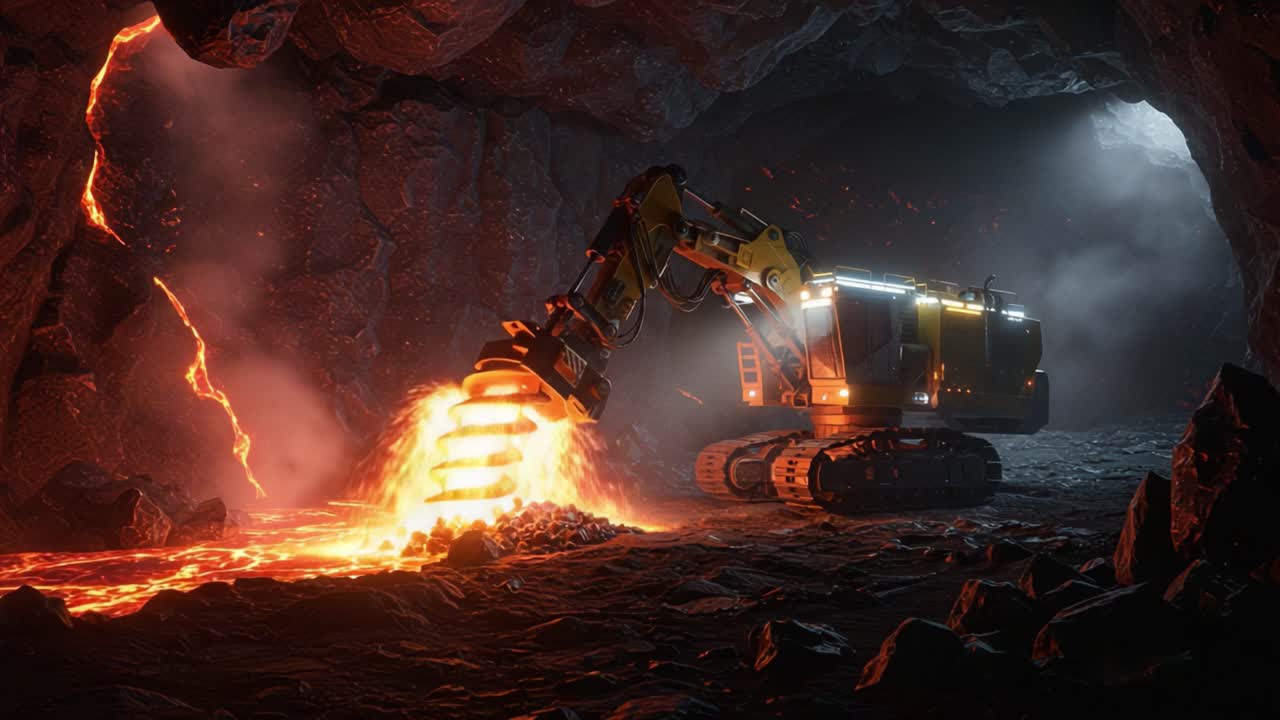 A Powerful Excavator Engaging in Lava Extraction: Exploring the Depths of an Active Volcano Where Heat and Machinery Converge in a Stunning Display of Engineering