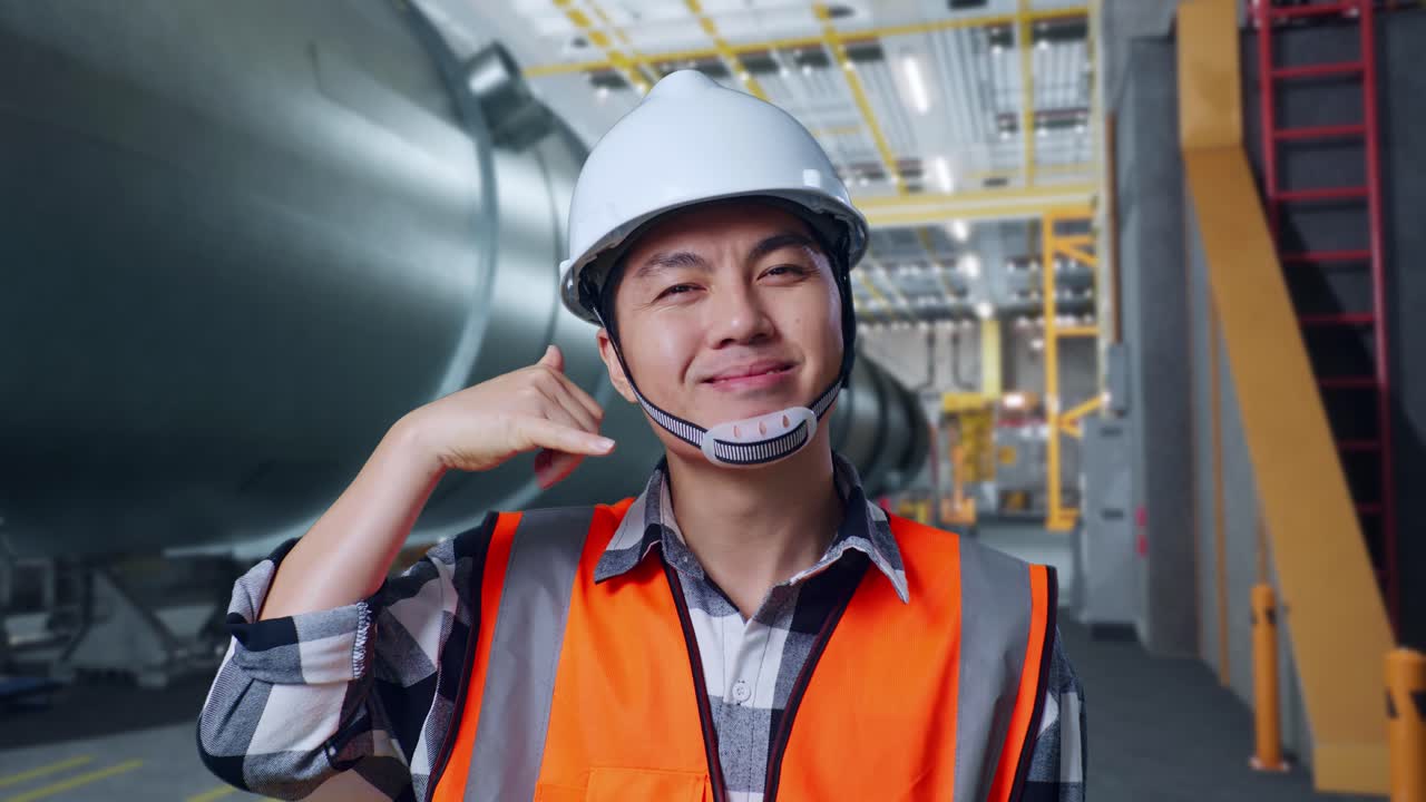 笑顔の工場労働者 手話の電話