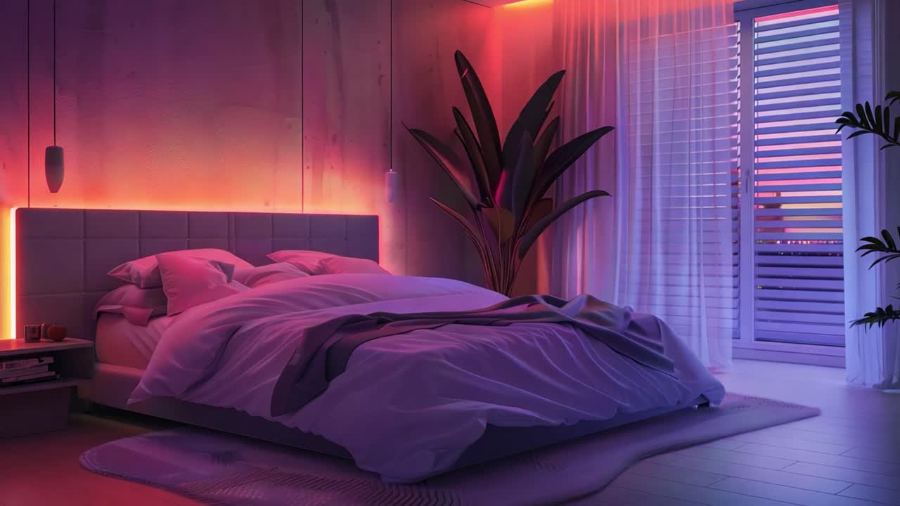 A modern bedroom with neon lighting and indoor plants