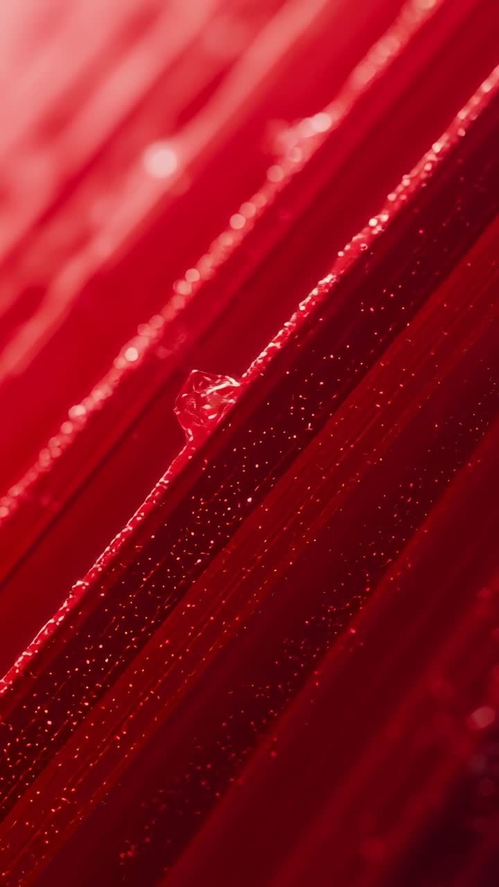 Vertical video: Gravity inducing water droplet stretching down red petal in lab leaving moisture