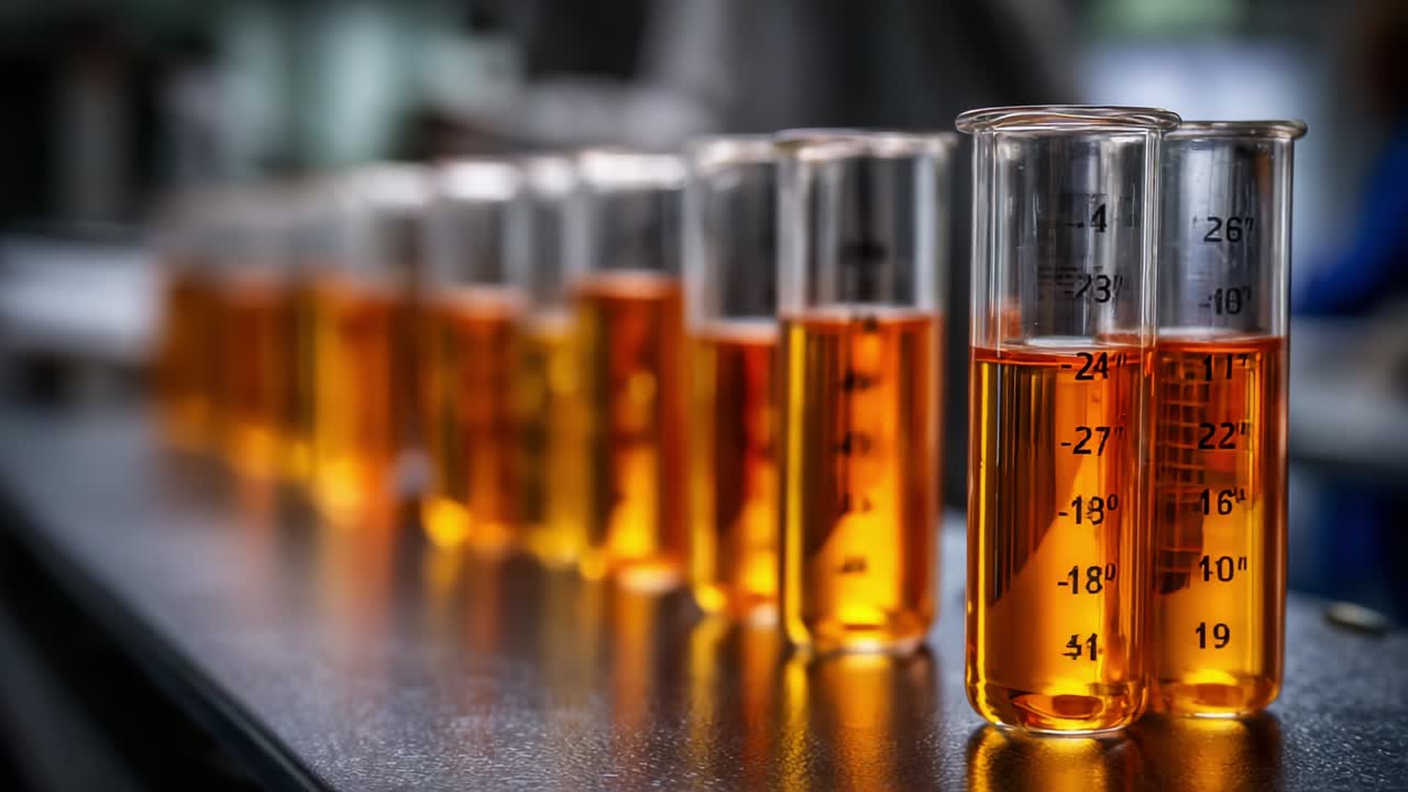 A Close-Up View of Multiple Graduated Cylinders Filled with Orange Liquid, Demonstrating Concentration Variations in a Laboratory Setting with a Soft Focus on the Background