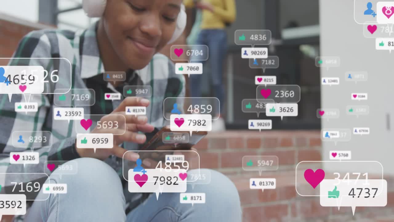 Teenage girl tapping phone on steps, social media likes multiplying over hands, checking engagement