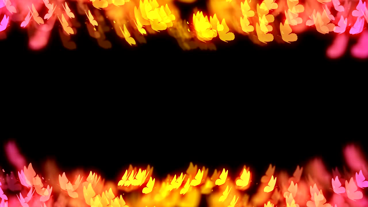Abstrakt bokeh lys gnister sommerfugl flyvende mønster gul og pink gradientfarve illustration på mørk baggrund, sømløs looping animation 4K med plads til tekst i midten