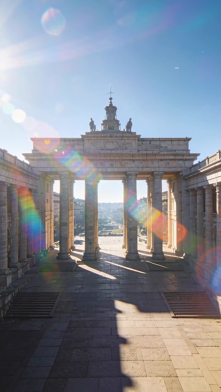 Video vertical: Cámara encuadrando un arco de columnata con estatuas en un pórtico, el sol a la izquierda creando un destello de lente.
