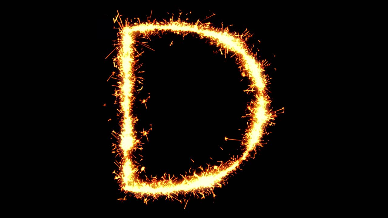 Alphabet d text sparkler writing with glitter sparks particles firework on black 4k loop background