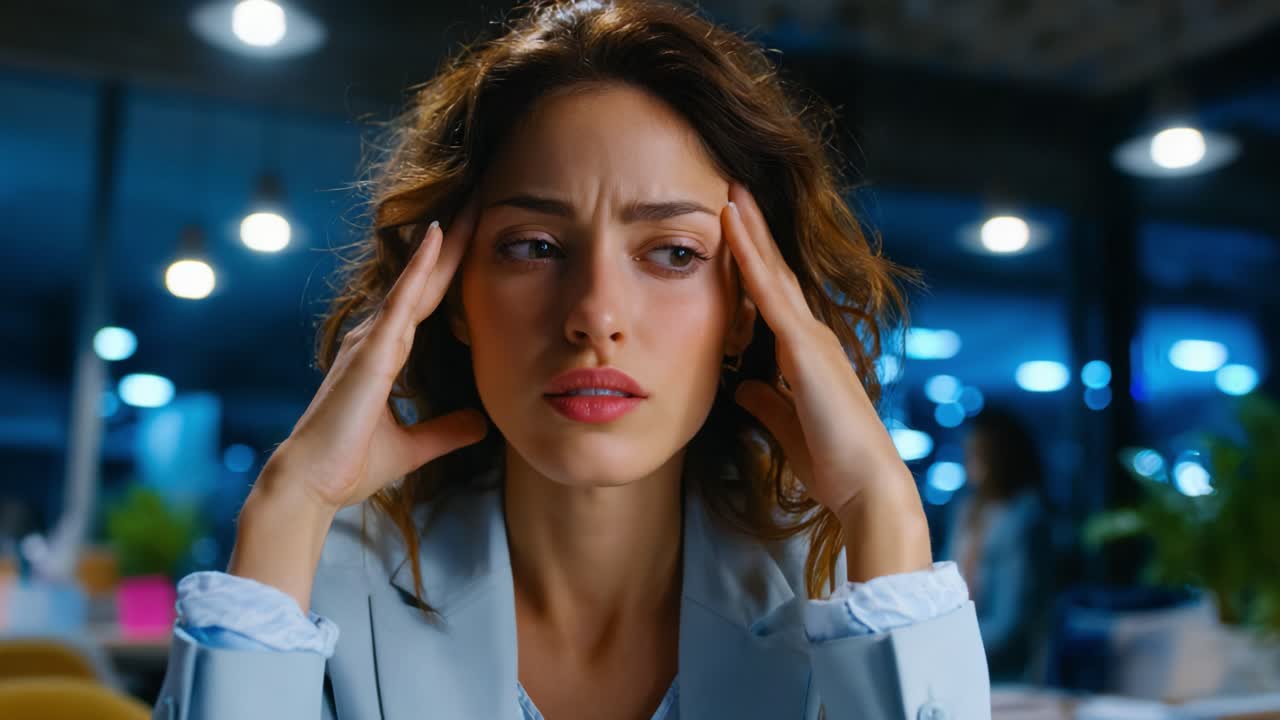 In this emotional scene, a woman is seen experiencing a moment of distress and worry as she holds her head, reflecting feelings of frustration and contemplation while surrounded by a modern office environment