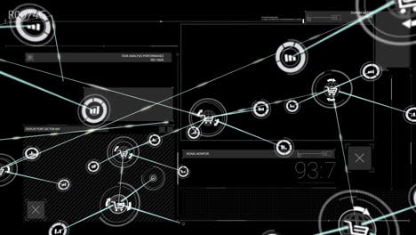 animación de una red de iconos digitales sobre la interfaz con procesamiento de datos contra un fondo negro