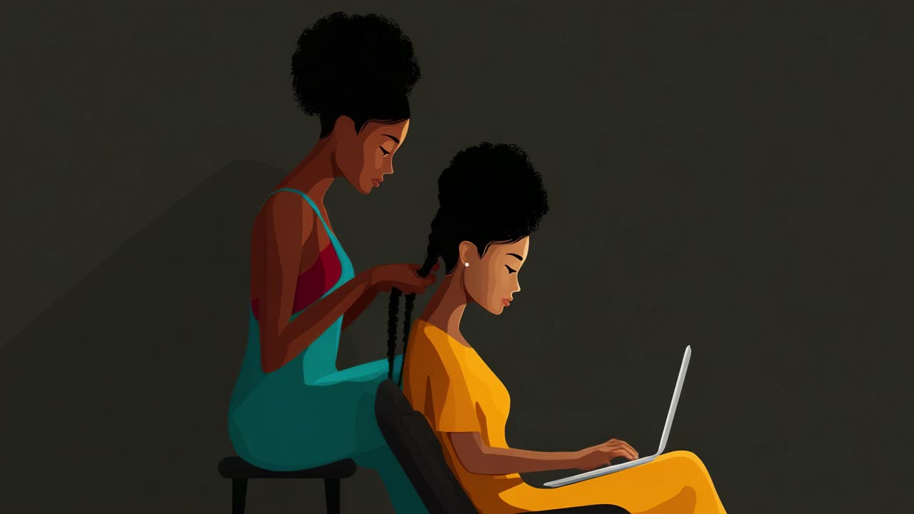 A Beautiful Connection: Capturing the Intimate Moment of Two Friends as One Braids the Hair of the Other While She Engages with Her Laptop in a Serene Environment