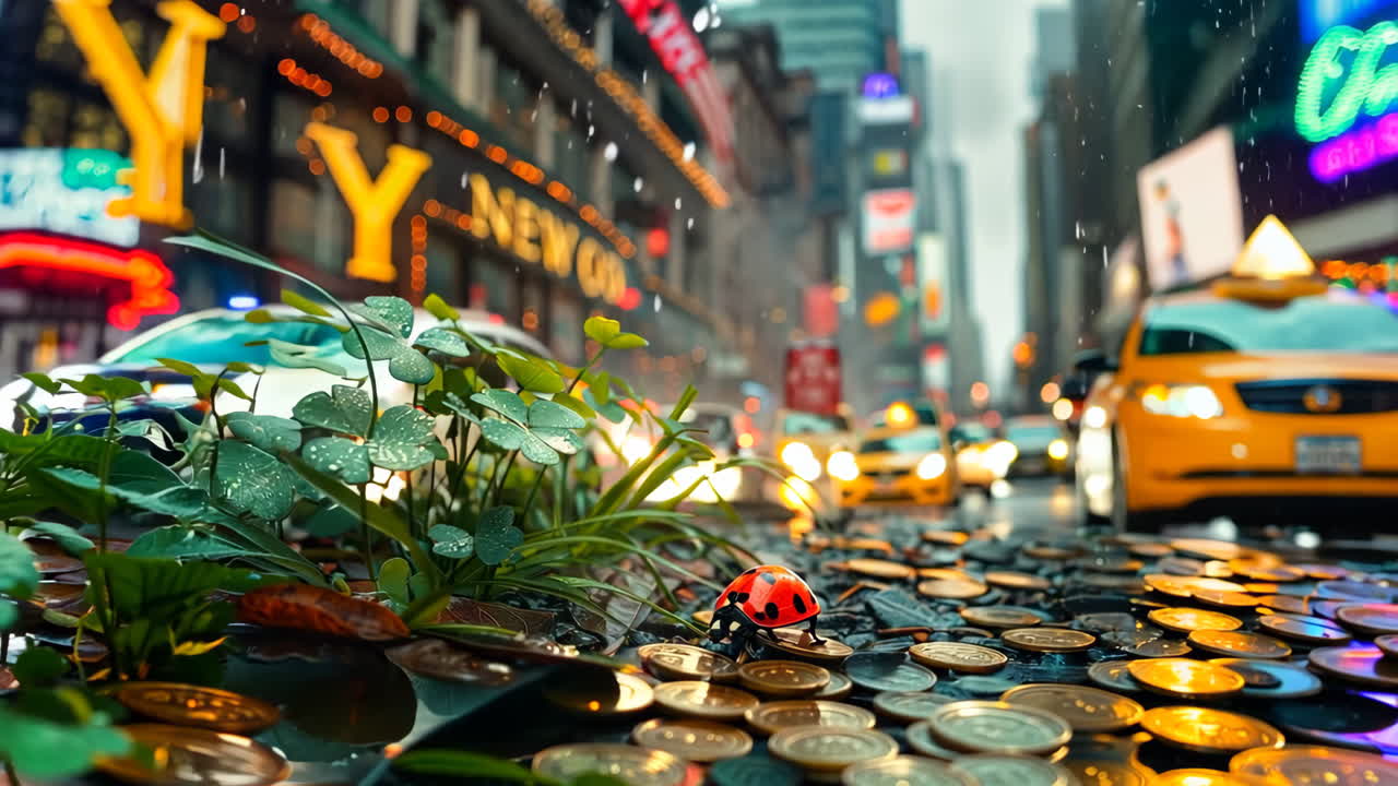 A ladybug is sitting on a leaf in front of a New York City building. The leaf is surrounded by a puddle of water, and the ladybug is the only living thing in the scene