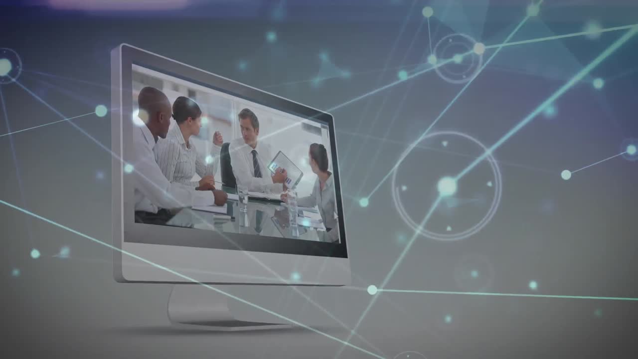 컴퓨터에서 비즈니스 데이터 처리에 대한 연결 네트워크와 빛 트레일의 애니메이션