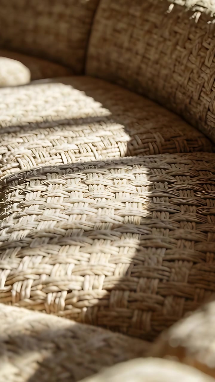 Vertical video: Tilting camera showing rattan seat, porch bolster and shadow showing weave texture