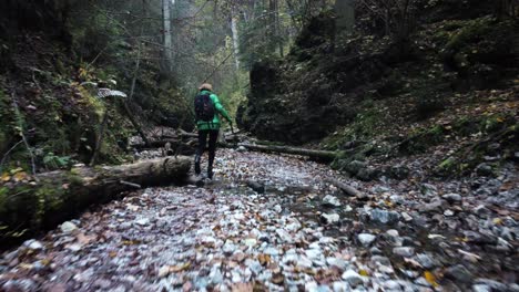 Aerial-Drone-Footage-Following-Woman-Hiking-In-Sucha-Bela,-Slovak-Paradise