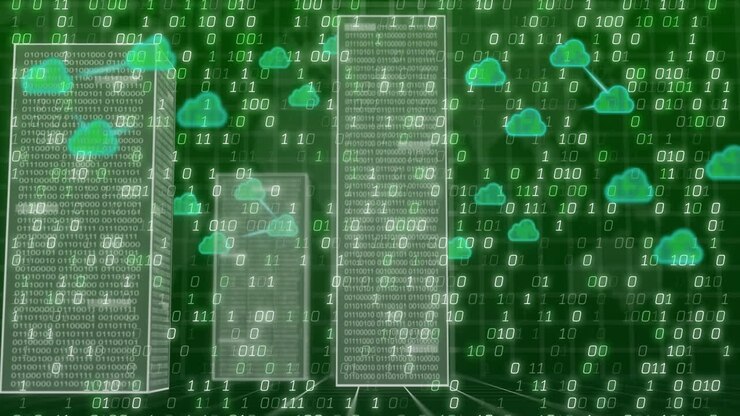 Animation of servers and digital clouds over binary coding