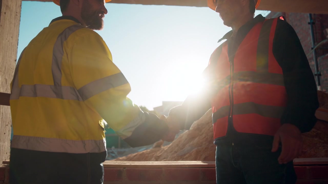 Construction Workers Shaking Hands at Building Site