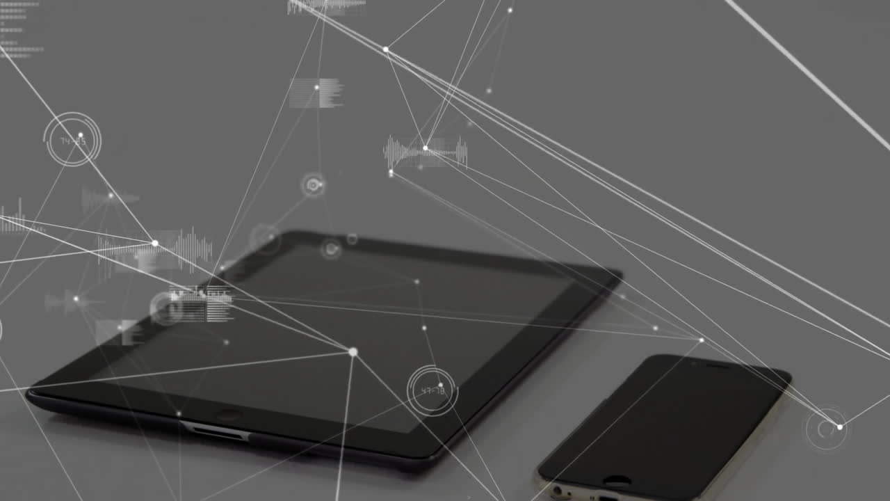 Digital interface visualizing network nodes and data around tablet and smartphone in flat design