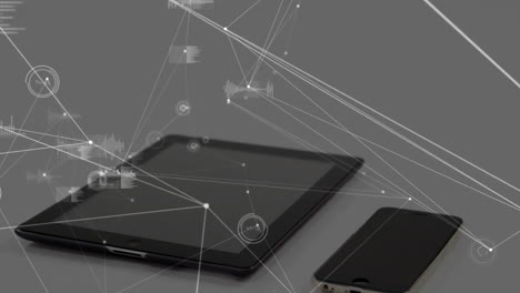 digital interface visualizing network nodes and data around tablet and smartphone in flat design