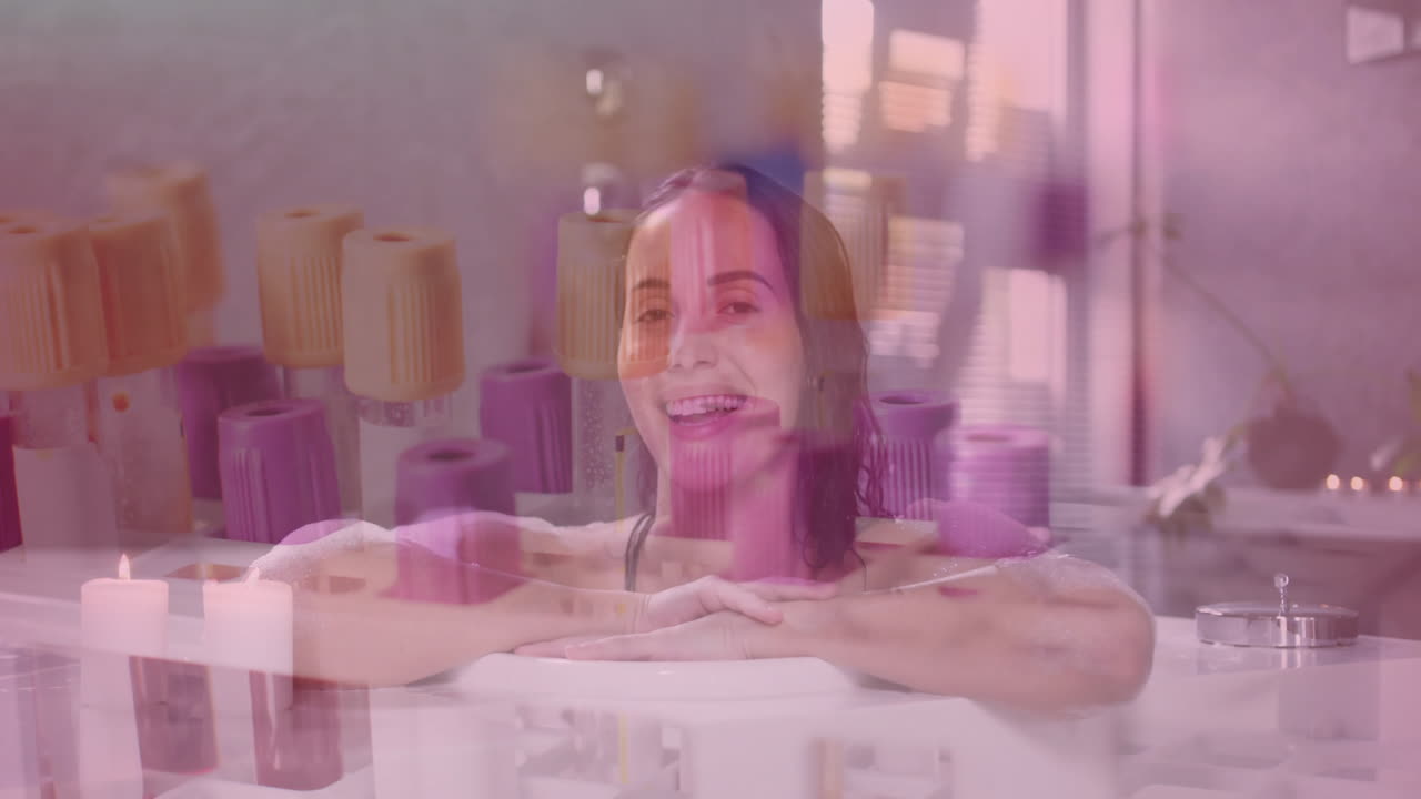 Relaxing in bathtub, smiling woman with animation of laboratory test tubes