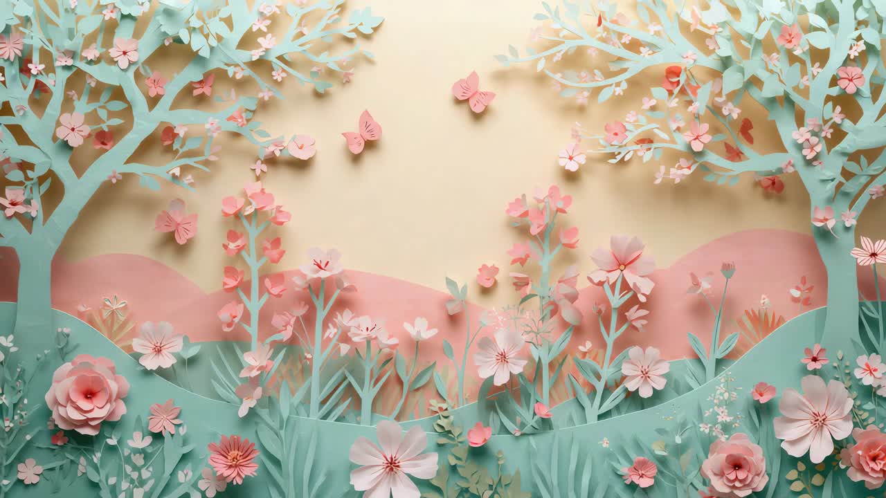 Drifting paper floral scene showing butterflies drifting, petals settling as breeze starting in set