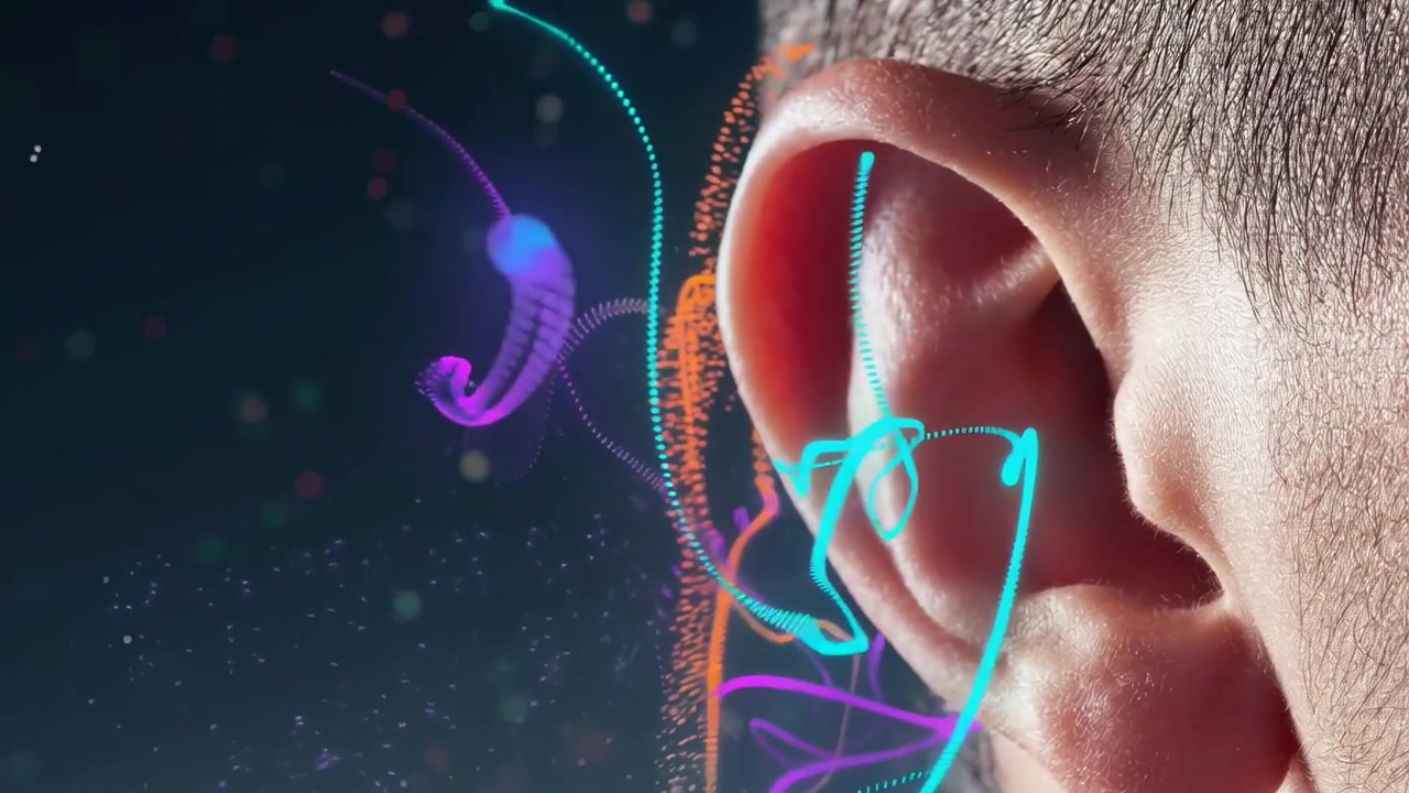 Primer plano de una oreja humana con ondas sonoras abstractas y brillantes