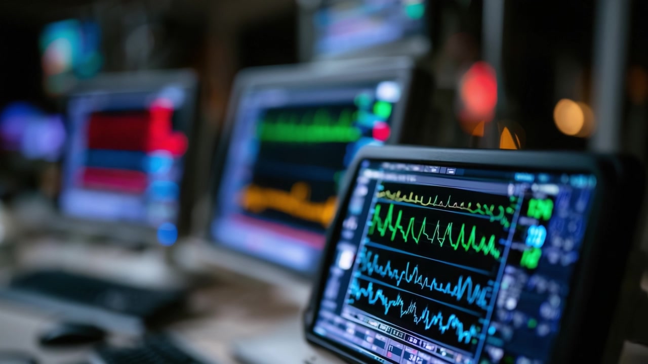 Monitors Displaying Vital Signs and Heart Rate Graphs in a Medical Environment: A Close-Up View of Patient Monitoring Technology in Action