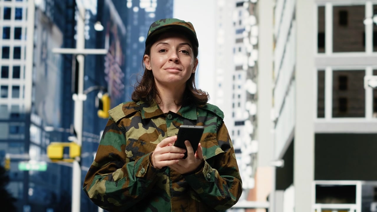 Soldatessa allegra che usa lo smartphone per strada in città all'aperto