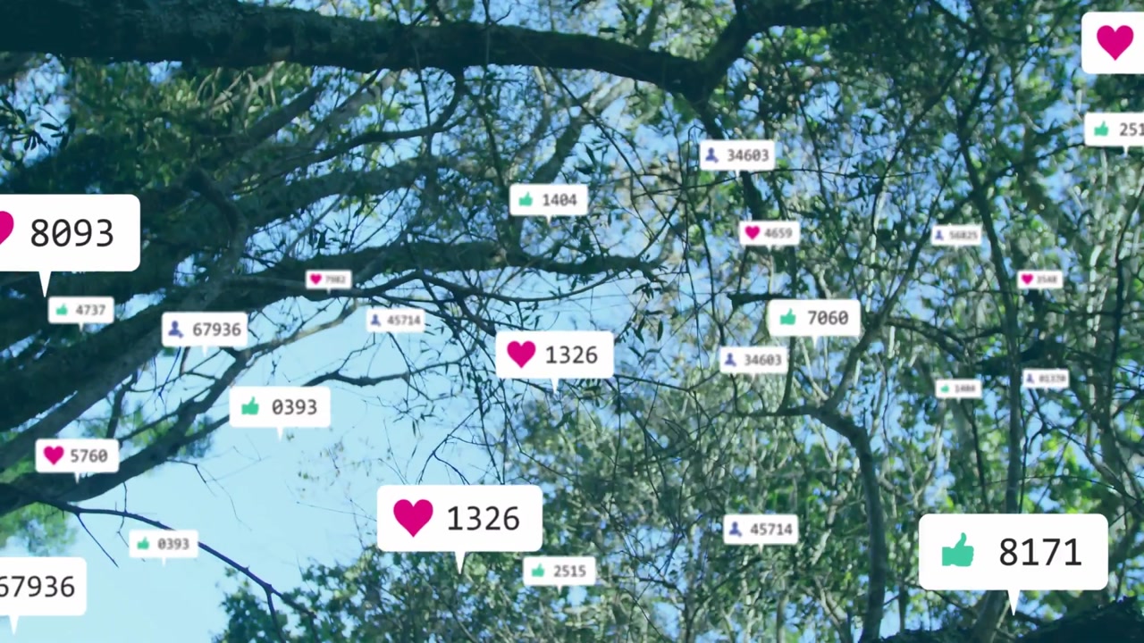 Social media badges multiplying over treetop and sky after single heart appearing, numbers rising