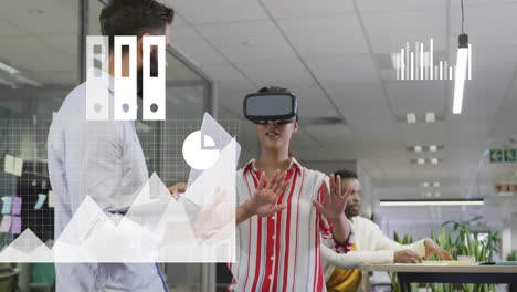 Animation of media icons processing data over diverse colleagues using vr headset at casual office
