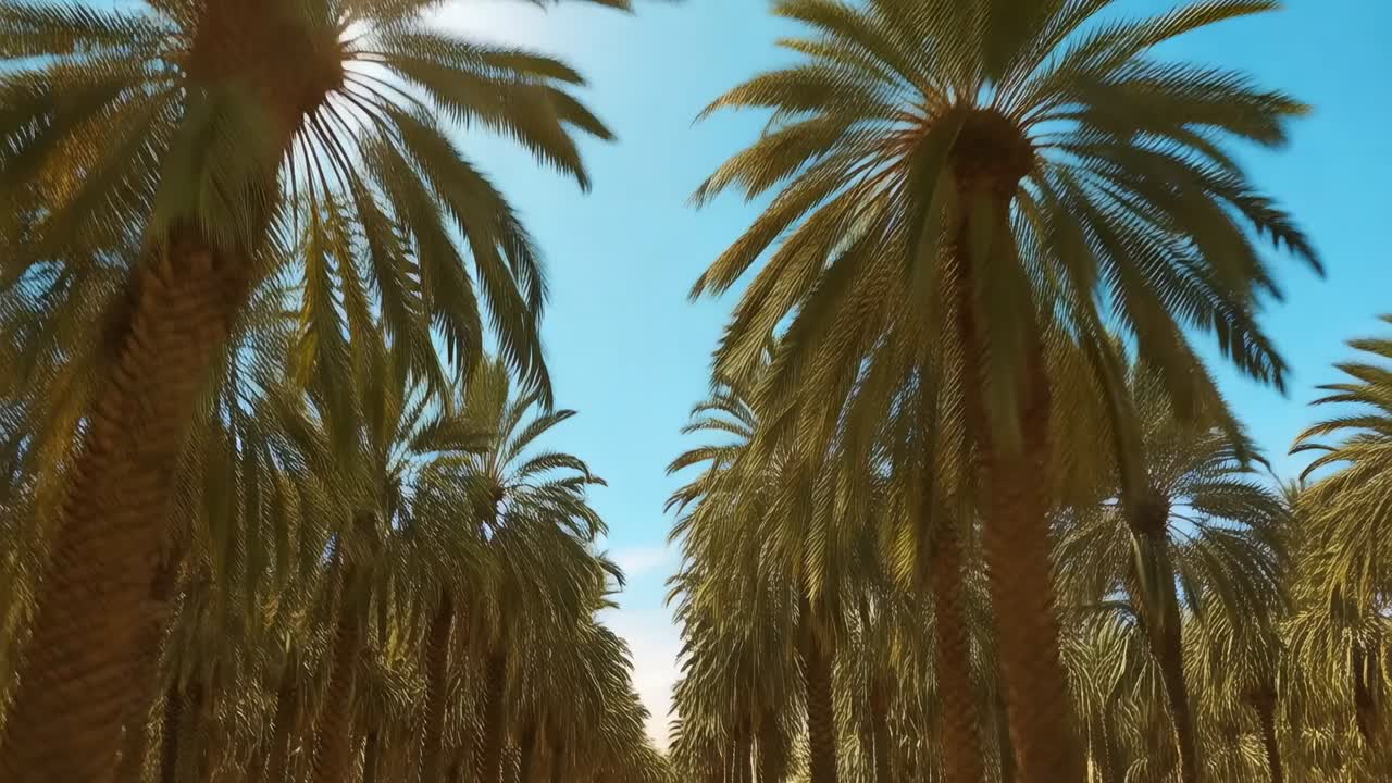 Camera rolling filming palm grove advancing along aisle, revealing vanishing point, sandy ground