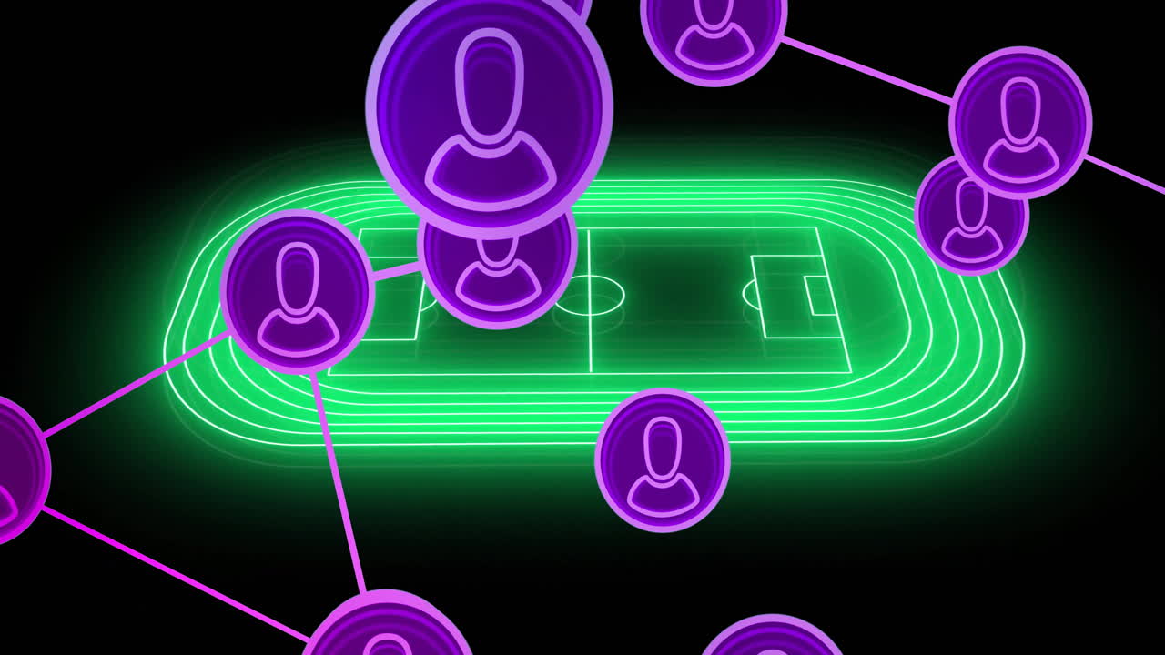 Animation of network of connections with icons over neon stadium